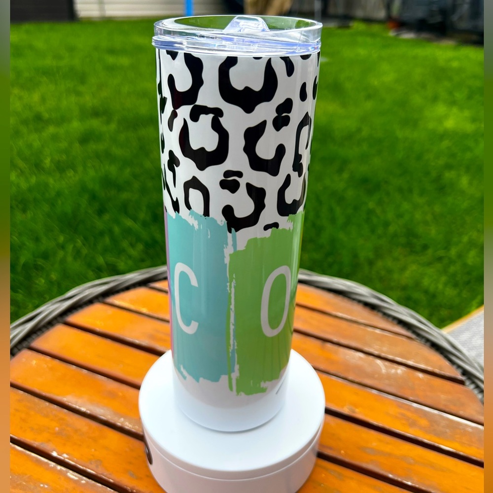 Leopard Print Tumbler with Green and Blue Accents